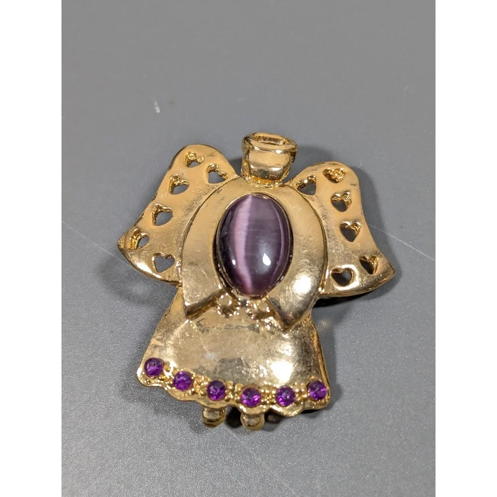 Vintage AAi Christmas Angel Brooch Purple Glass Cats‎ Eye Cabochon Birthstone